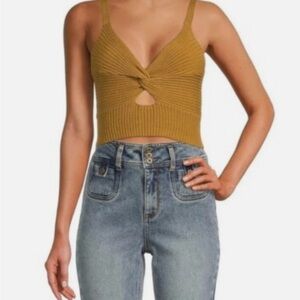 Twist-Knot Mustard Ribbed Crop Tank